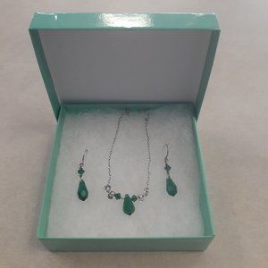 Set of vintage handmade glass emerald and silver necklace and earrings